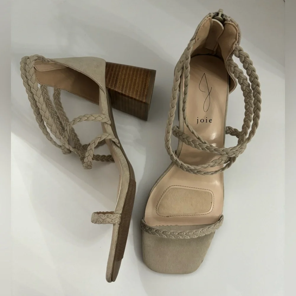 Joie Felina Women Beige Braided Open Toe Strappy Block Heel Sandals Size 9.5